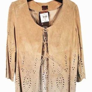 SHIRT, SUEDE CUT-WORK, TAGS ON, MISSES X-SMALL, WHEAT COLOUR, BELL SLEEVES,